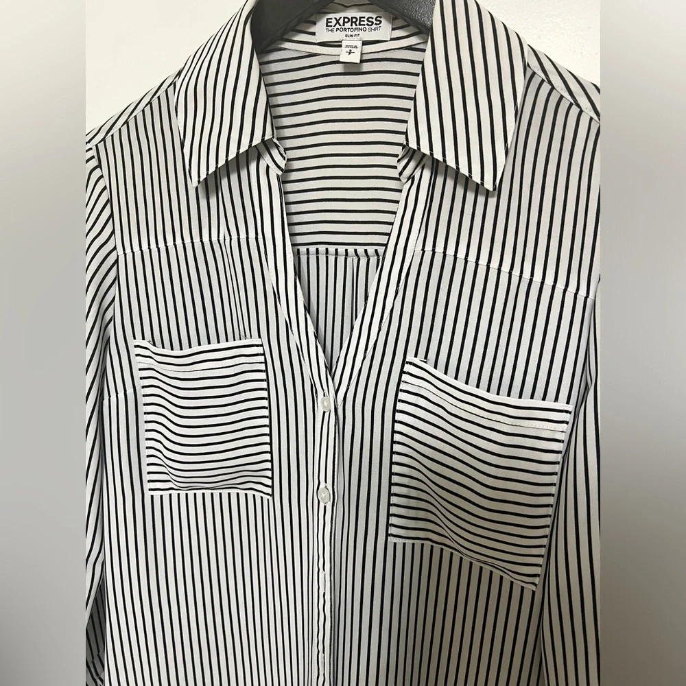 Express black & white striped slim fit portofino shirt size S - Picture 2 of 8